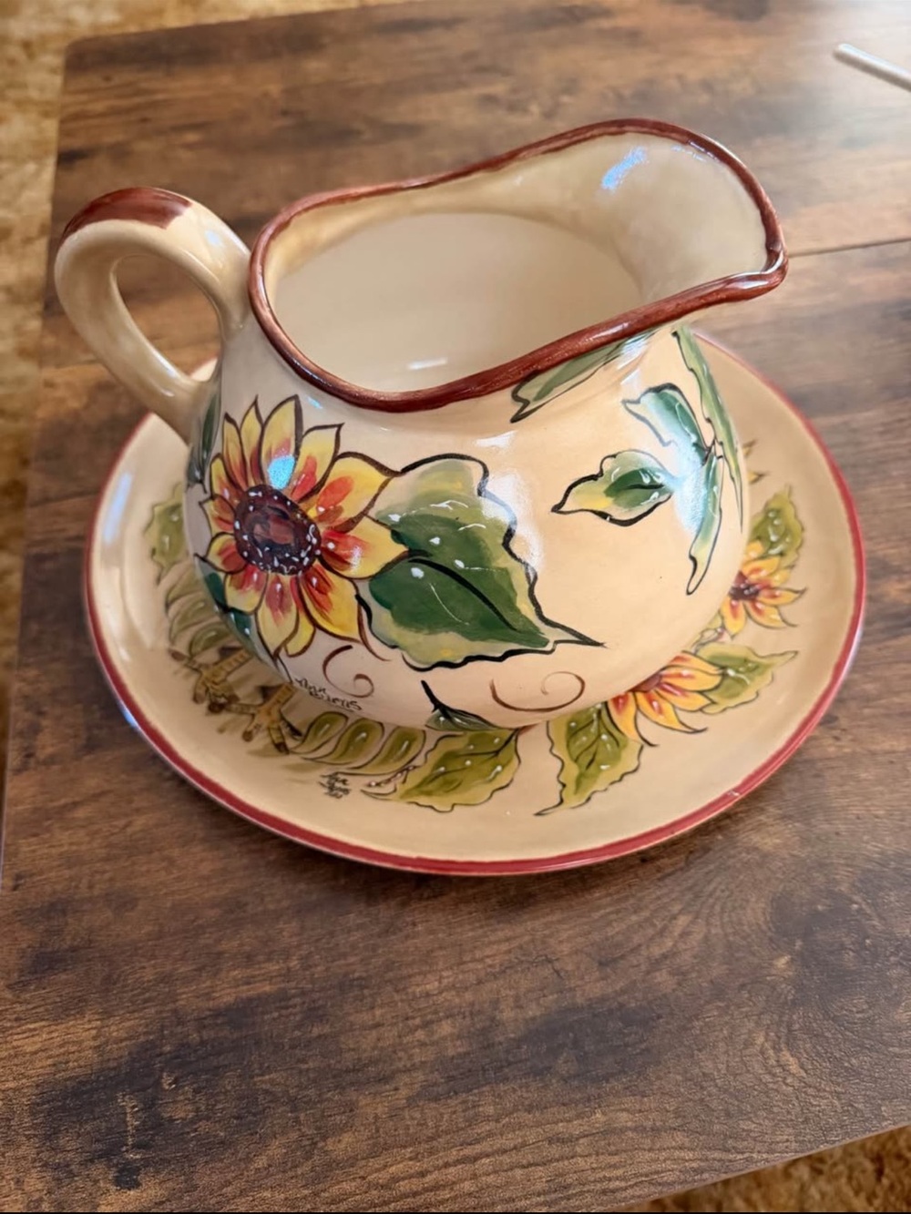 Hand-Painted Sunflower Ceramic Pitcher and Saucer - Cream and Yellow
